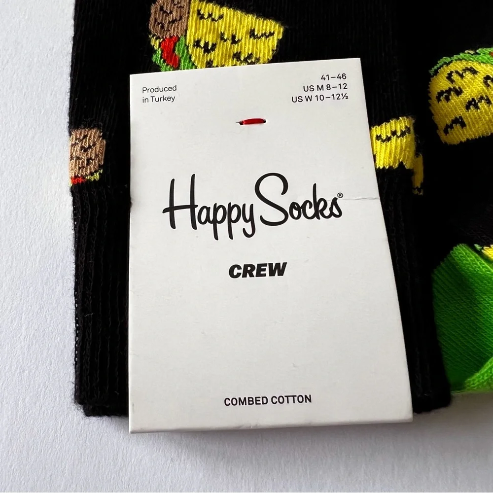 HAPPY SOCKS MENS COMBED COTTON CREW SOCKS TACO TO GO TACO PRINT BLACK OS NWT